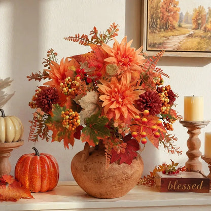 Artificial Fall Flower Bouquet with Maple Leaves & Pumpkin Accents – Faux Floral Stems for Thanksgiving, Halloween, Autumn Table Centerpieces & Home Decor