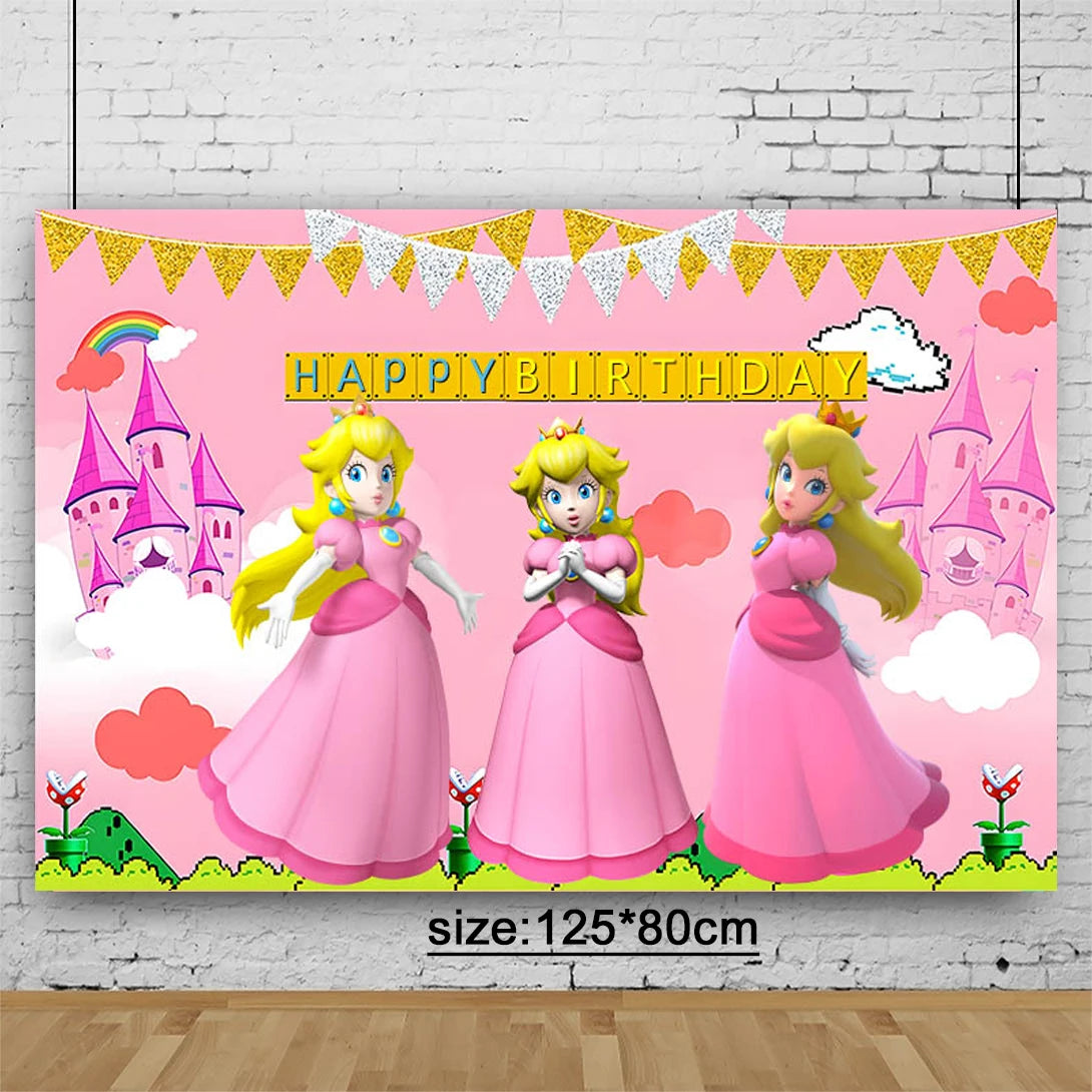 Princess Peach Party Supplies Set – Cartoon Anime-Themed Tableware, Balloons & Decorations for Children's Birthdays & Baby Showers