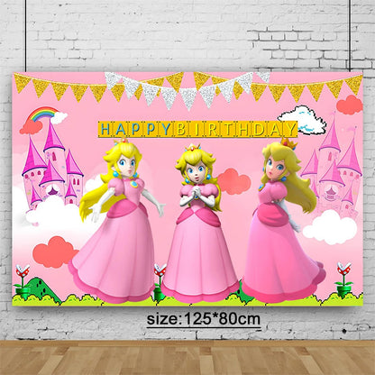 Princess Peach Party Supplies Set – Cartoon Anime-Themed Tableware, Balloons & Decorations for Children's Birthdays & Baby Showers