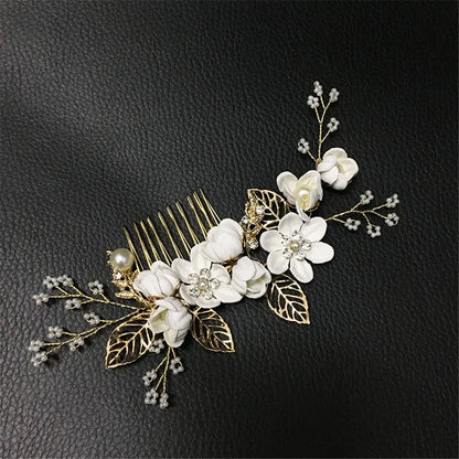 Luxury Floral Bridal Hair Comb with Gold Leaves – Crystal Wedding Hair Accessory for Brides & Prom