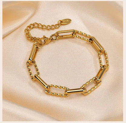 18K Gold Plated Stainless Steel Paperclip Chain Bracelet – Adjustable Twist Link Chunky Stackable Bracelet for Women