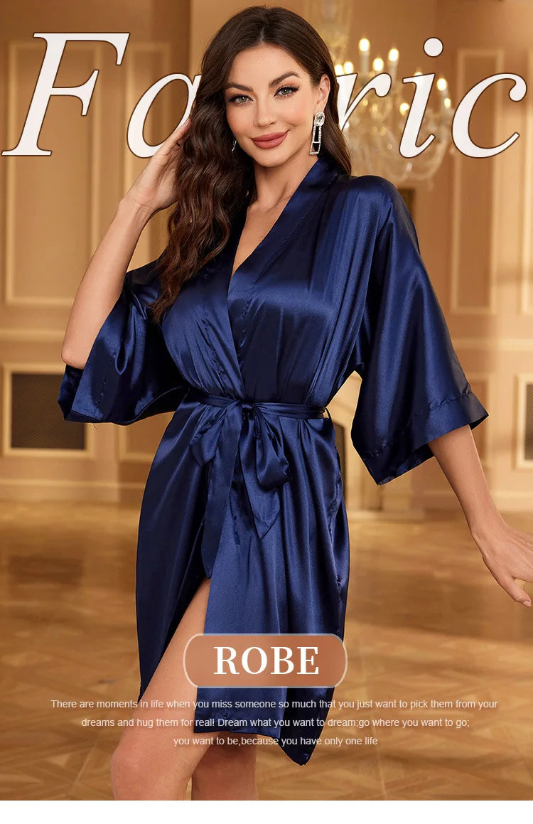 Women’s Summer Ice Silk Robe – Sexy Lace-Up Bathrobe Morning Gown Home Dress Loungewear