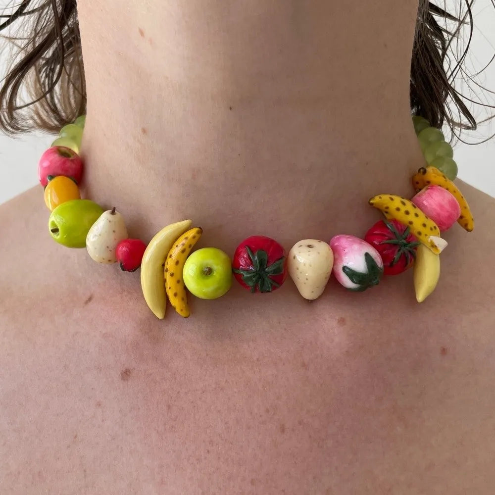 Colorful 3D Fruit Beaded Necklace – Multicolor Exaggerated Chain with Pomegranate, Strawberry & Tomato Designs, Statement Fashion Jewelry