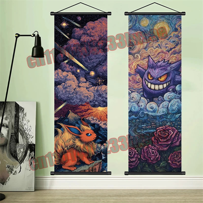 Pokémon Anime Wall Poster – Gengar Eevee Pikachu Scroll Painting Retro Canvas Artwork for Home Decor