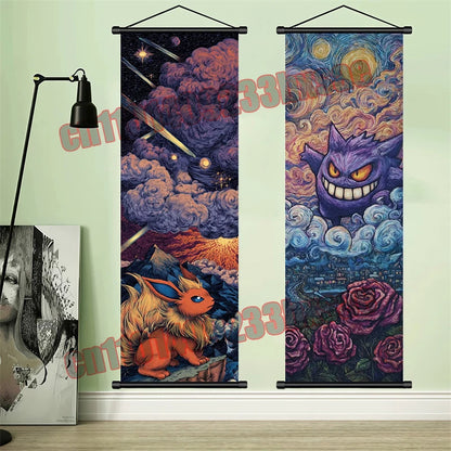 Pokémon Anime Wall Poster – Gengar Eevee Pikachu Scroll Painting Retro Canvas Artwork for Home Decor