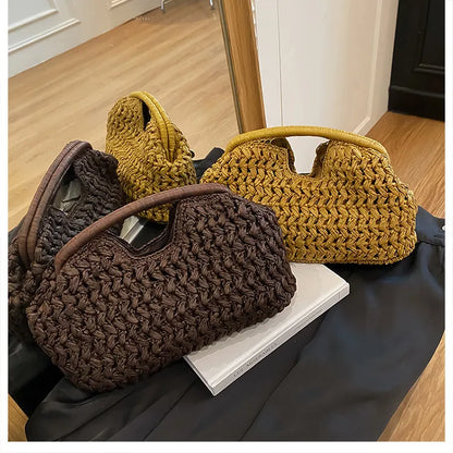 Bolso de playa de lujo de paja tejida para mujer - Bolso de mano de ratán de moda, Bolso de mano de verano para viajes, vacaciones, compras y salidas casuales, Bolso tejido a mano inspirado en el diseñador