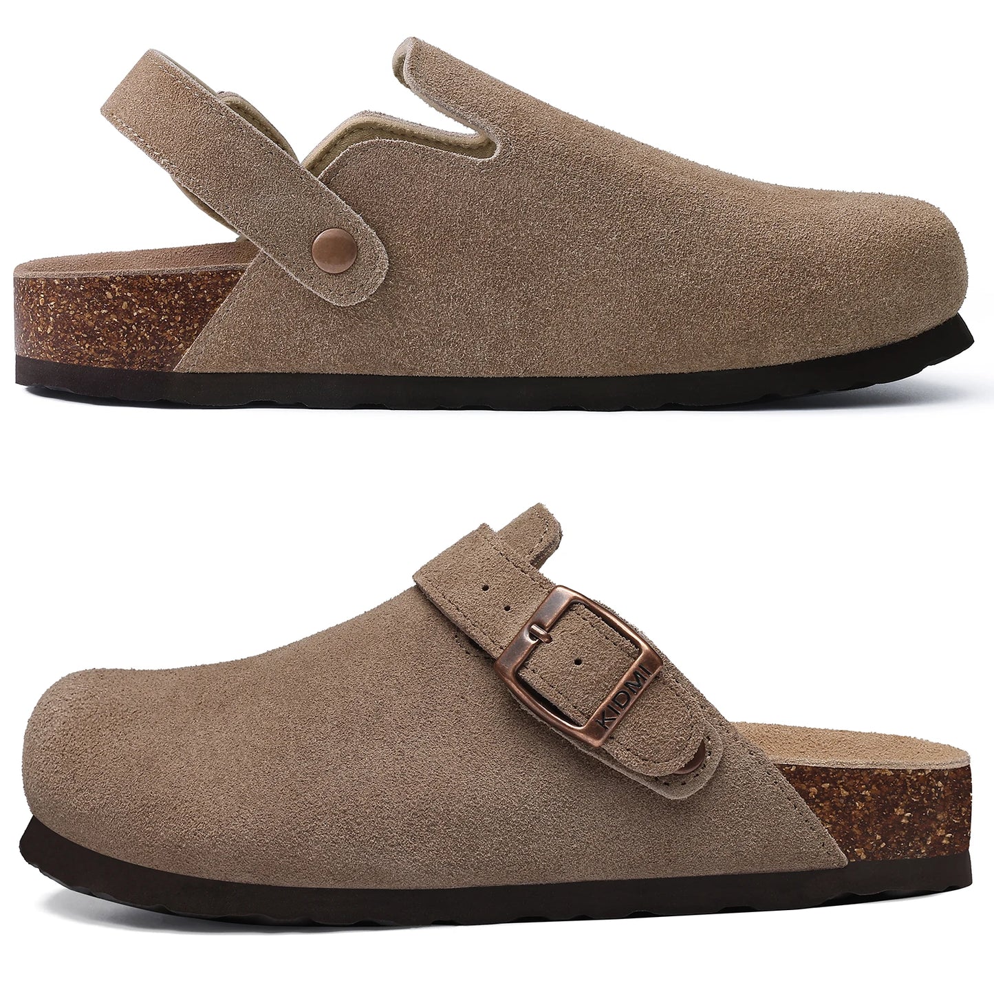 Kidmi Zuecos de ante de vaca para mujer y hombre, mules con plantilla de corcho, correa ajustable y soporte para el arco del pie