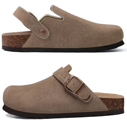 Kidmi Zuecos de ante de vaca para mujer y hombre, mules con plantilla de corcho, correa ajustable y soporte para el arco del pie