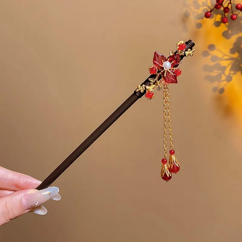 Vintage Chinese Wooden Hair Stick with Red Flower – Hanfu Hairpin Hair Fork for Women