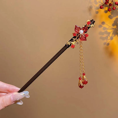 Vintage Chinese Wooden Hair Stick with Red Flower – Hanfu Hairpin Hair Fork for Women