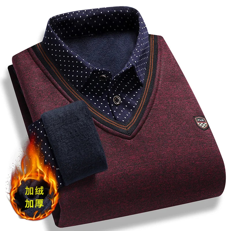 Men’s Fleece Polo Sweater – Long Sleeve Collared Pullover, Warm Knitted Top for Vintage Smart Casual Autumn & Winter Wear