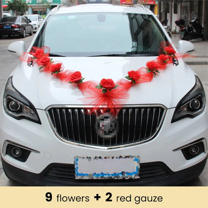 Décoration de voiture de mariage artificielle rose blanche – Ruban de fleurs en soie pour véhicules de mariée et poignées de porte