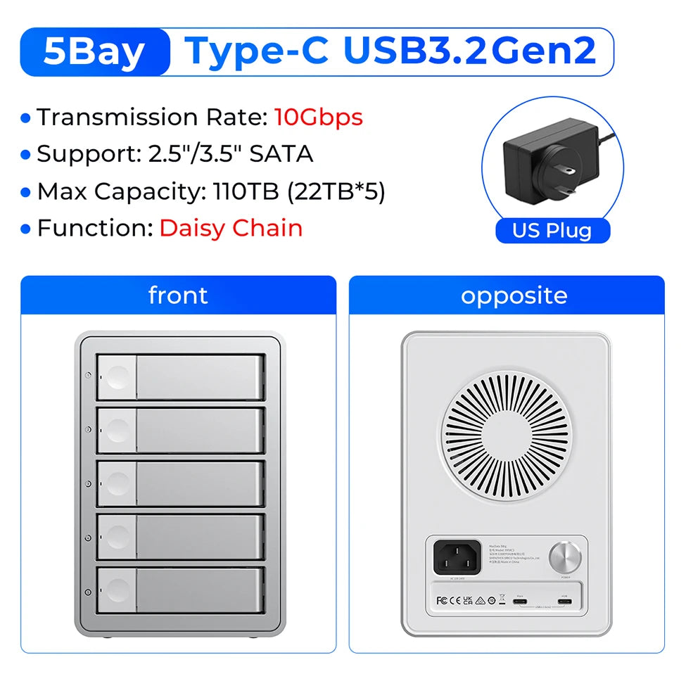 ORICO 4/5 Bay HDD Docking Station – USB 3.2 Type-C 10Gbps SATA Hard Drive Enclosure for 2.5" & 3.5" SSD HDD