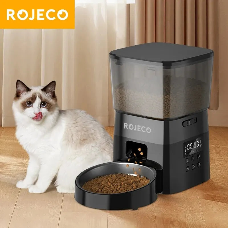 ROJECO Comedero Automático para Mascotas – Dispensador Inteligente de Comida Seca con Control por Botones para Perros y Gatos