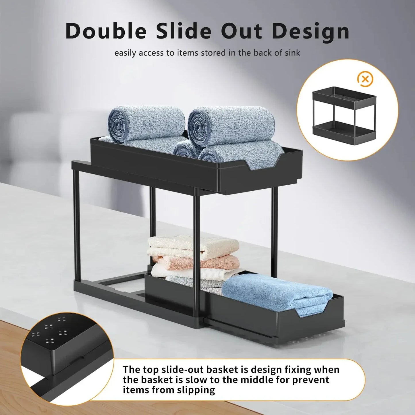 2-Tier Pull Out Under Sink Organizer – Slide-Out Cabinet Storage Rack with Hooks & Cups for Kitchen & Bathroom