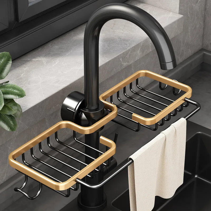 Aluminum Sink Caddy Sponge Holder Faucet Storage Rack Soap Drain Organizer for Kitchen & Bathroom