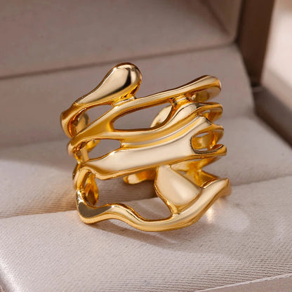 Anillo abierto grueso dorado vintage – Anillo llamativo geométrico de acero inoxidable para mujer