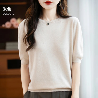 Women's 100% Wool Knitted Sweater – O-Neck Short-Sleeve Pullover, Warm Basic Casual Top for Fall & Winter, Available in 22 Colors