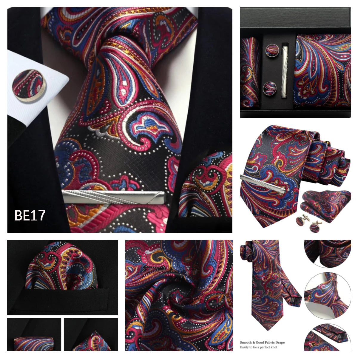Corbata de seda 100% con diseño floral de Paisley para hombre con pañuelo de bolsillo, pasador de corbata y gemelos en caja de regalo