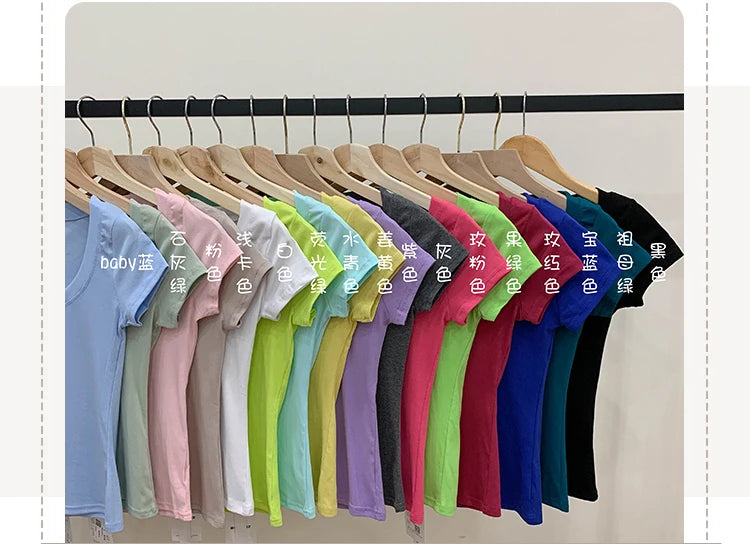 2026 Summer Women’s 100% Cotton Slim T-Shirt Casual Basic O-Neck Solid Korean Style Tee 16 Colors