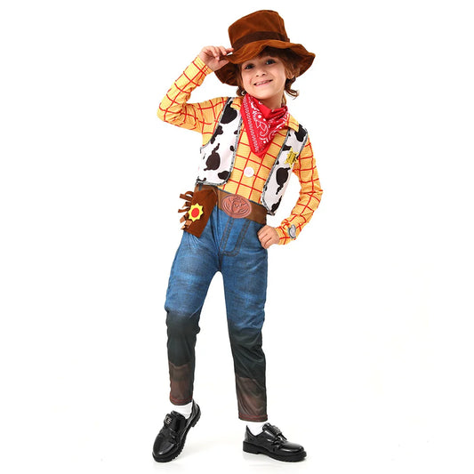 Disfraz de vaquero Woody para niños – Traje de fiesta de aventura con sombrero y pañuelo para actuaciones y juegos de rol infantiles