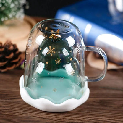 Christmas Tree Glass Cup – Transparent Double-Wall Heat-Resistant Couples Mug with Snowflake Design, Creative Coffee & Drinking Cup Gift