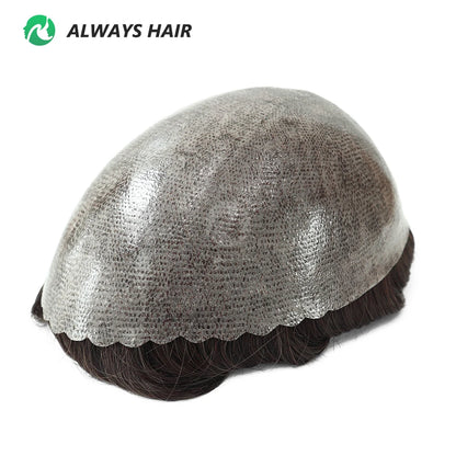 0.12-0.14mm PU Skin Hombres Peluquín – Peluca de Sistema Capilar de Cabello Humano Indio de Grosor Completo | Reemplazo de Cabello Natural con 130% de Densidad