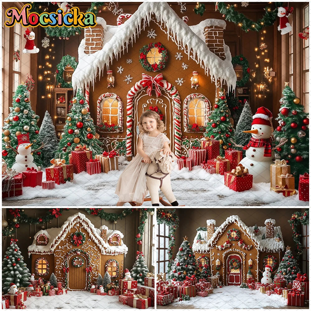 Mocsicka Christmas House Photography Backdrop – Xmas Tree, Snowman & Gifts Holiday Background for Children, Adults, Family & Party Decor