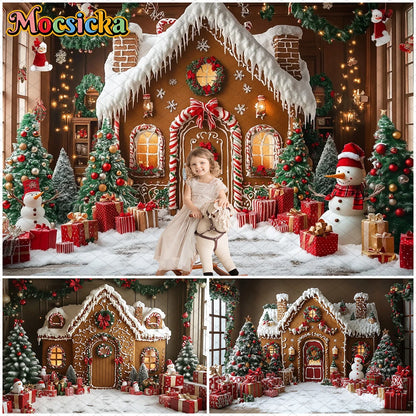Mocsicka Christmas House Photography Backdrop – Xmas Tree, Snowman & Gifts Holiday Background for Children, Adults, Family & Party Decor