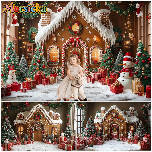 Mocsicka Christmas House Photography Backdrop – Xmas Tree, Snowman & Gifts Holiday Background for Children, Adults, Family & Party Decor