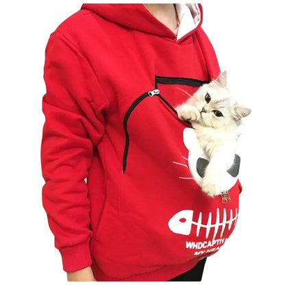 Women's Cute Cat Pocket Hoodie – Long Sleeve Casual Sweatshirt for Spring, Autumn & Winter, Simple Commuter Top with Pet Pocket