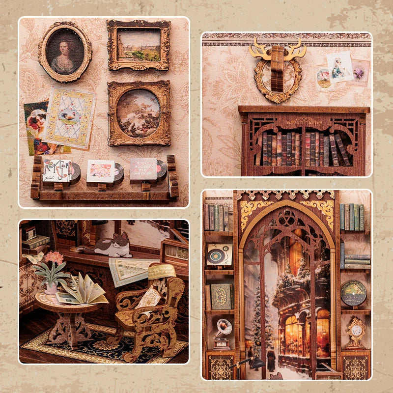 CUTEBEE Kit DIY de Rincón de Libro con Luces LED – Modelo de Estantería en Miniatura de Madera de Búho y Decoración