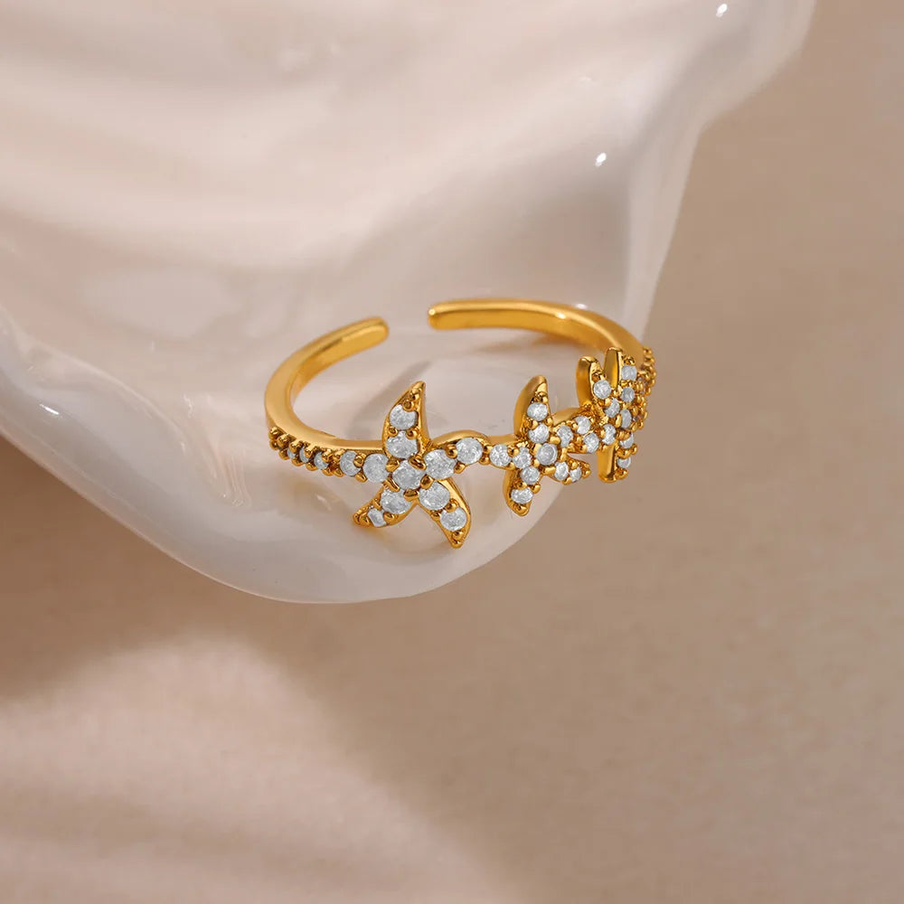 Gold Stainless Steel Starfish & Shell Ring – Adjustable Waterproof Beach-Inspired Ring for Women