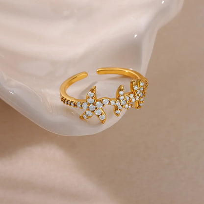 Gold Stainless Steel Starfish & Shell Ring – Adjustable Waterproof Beach-Inspired Ring for Women