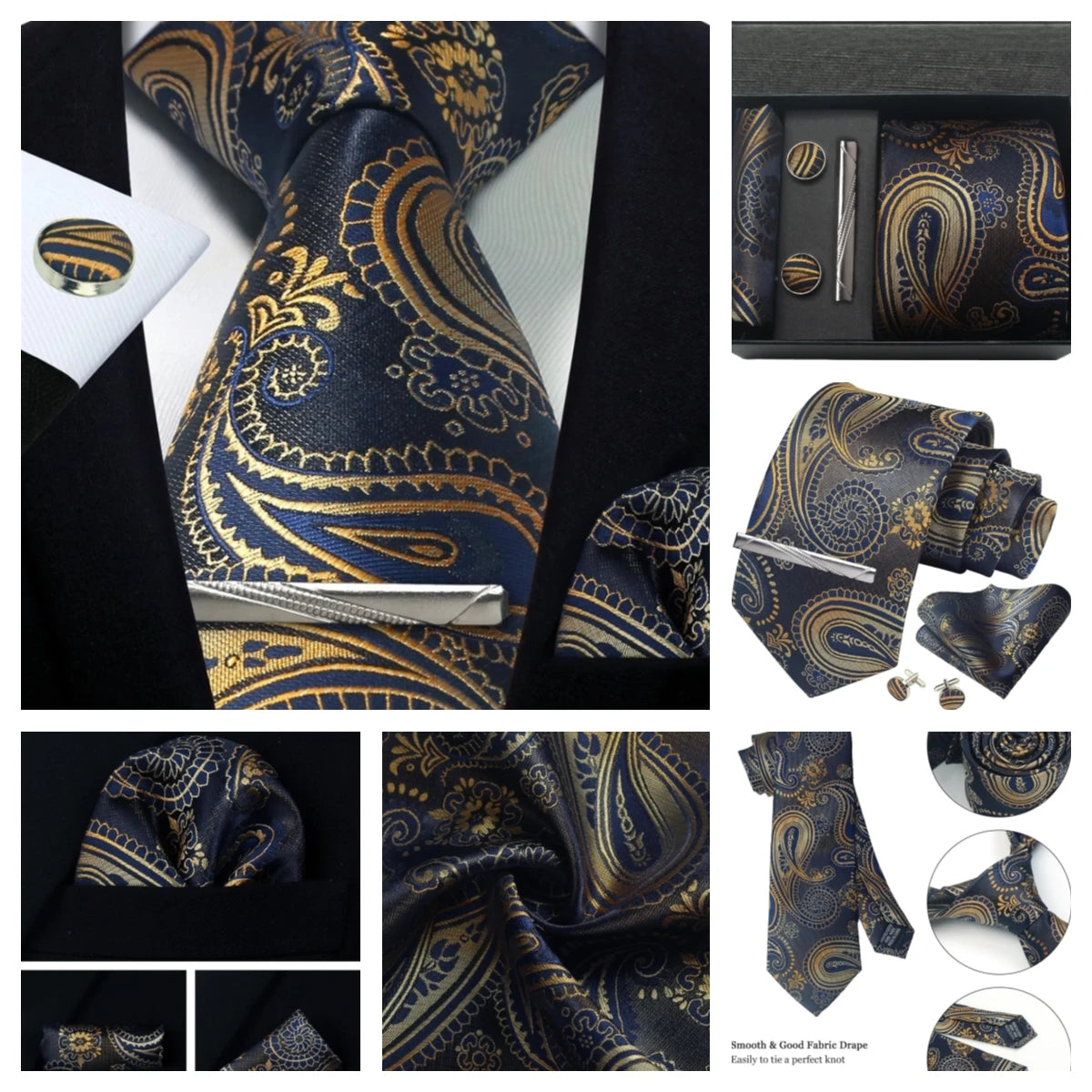 Corbata de seda 100% con diseño floral de Paisley para hombre con pañuelo de bolsillo, pasador de corbata y gemelos en caja de regalo