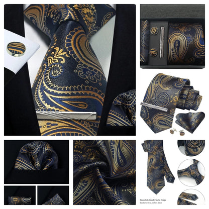 Corbata de seda 100% con diseño floral de Paisley para hombre con pañuelo de bolsillo, pasador de corbata y gemelos en caja de regalo