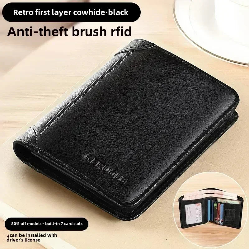 Men's Genuine Leather RFID Blocking Trifold Wallet Slim Vintage ID & Credit Card Holder