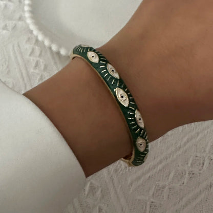 Elegante pulsera de esmalte de flores con circonitas – Pulsera retro chapada en oro con ojo turco floral para mujer | Joyería de moda para fiesta