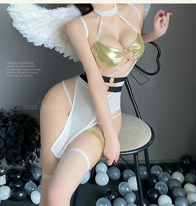 Woman Character Angel Role Play Costume – Japanese Anime Kimono Slit Elf Goddess Dress COS Uniform Set