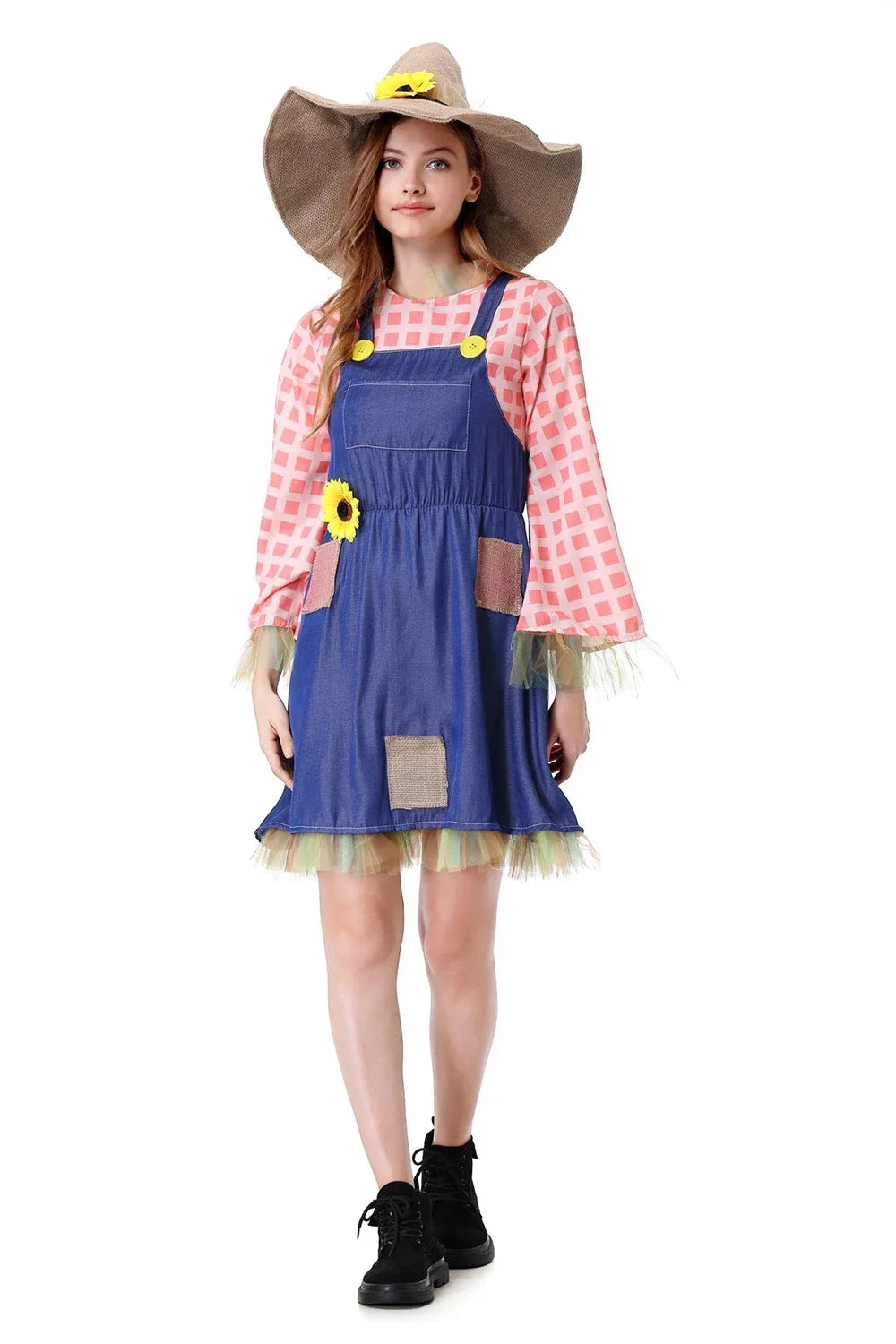 Parent-Child Pioneer Girl Cosplay Costume – Colonial Floral Village Dress with Hat for Kids Halloween, Carnival & Dress-Up Role Play