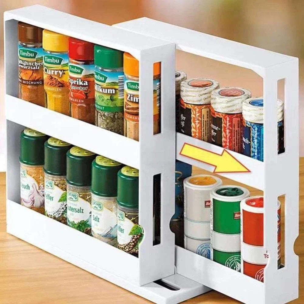 2-Tier Rotating Spice Organizer Rack – Multi-Function Sliding Kitchen Storage Shelf for Cabinets, Cupboards & Countertops