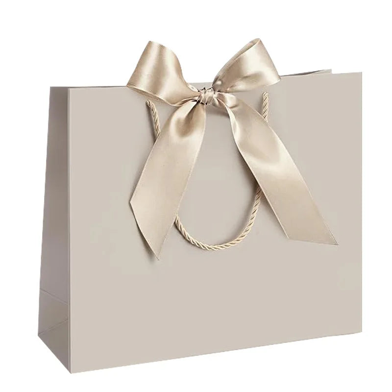 10 bolsas de regalo beige de "agradecimiento" con moños dorados – Elegantes bolsas de papel plegables para compras para recuerdos de bodas, regalos de fiestas y eventos
