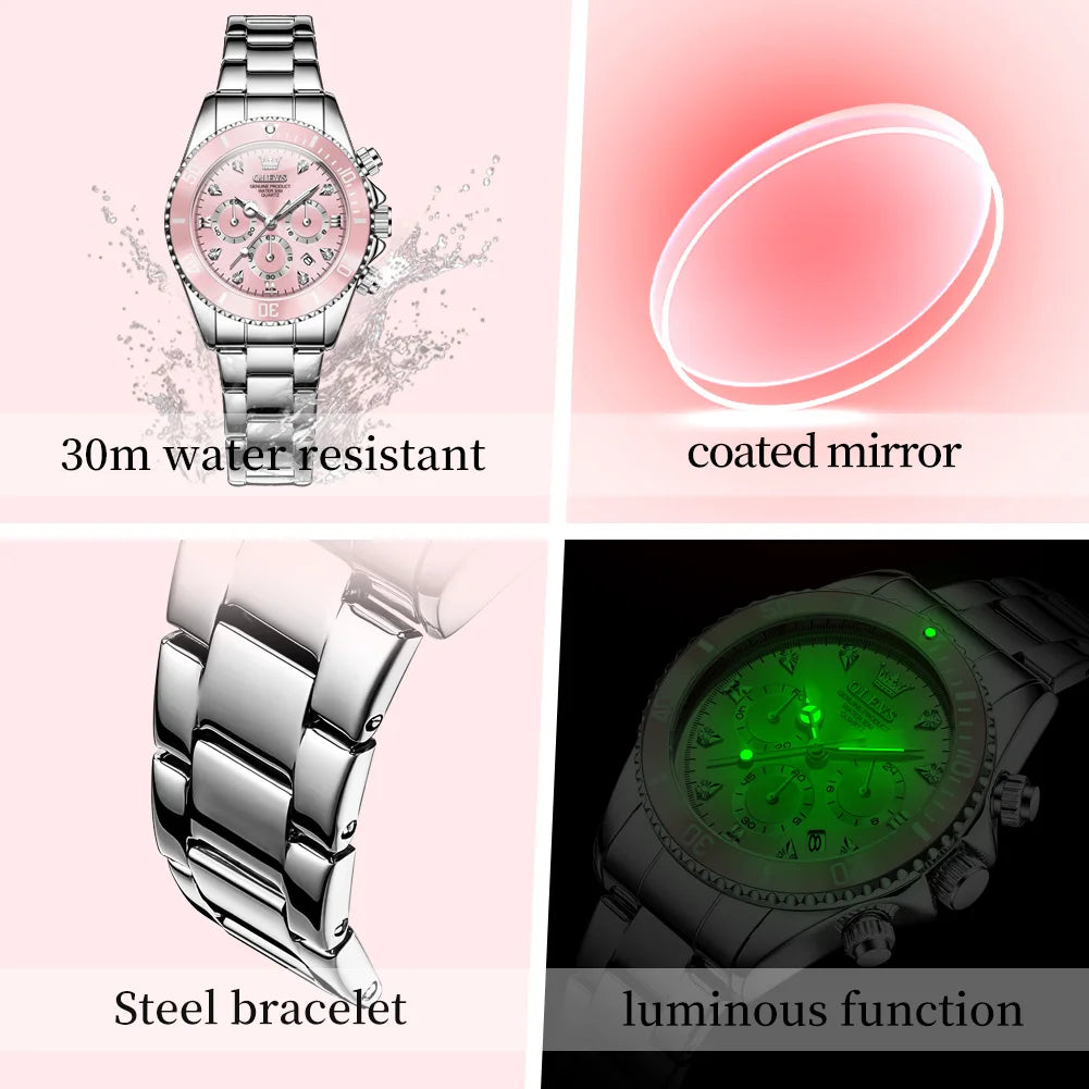 OLEVS Women’s Luxury Quartz Watch – Elegant Zircon-Style Dial, Luminous Display, Date Function & Waterproof Design, Gift for Her