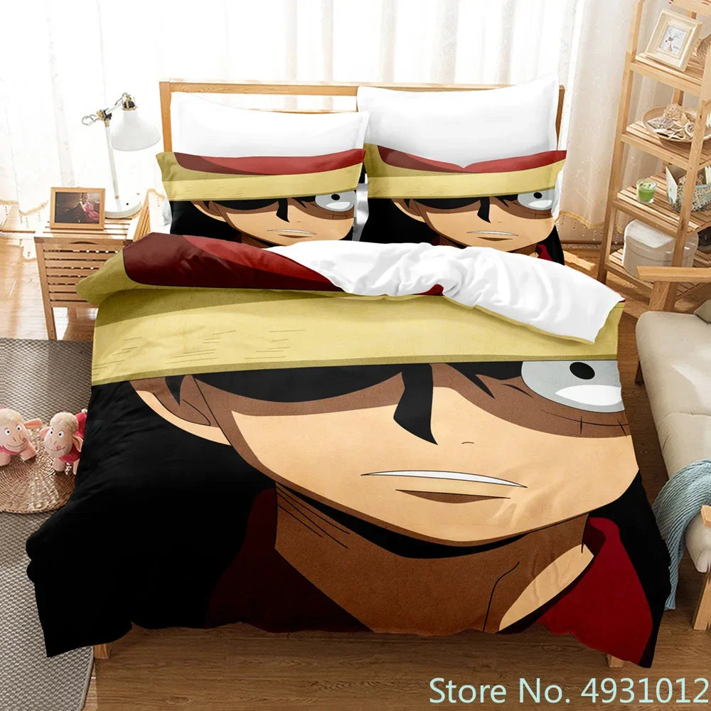 One Piece Luffy 3-Piece Bedding Set – 3D Cartoon Anime Duvet Cover & Pillowcase Set for Kids, Boys, Teens & Adults