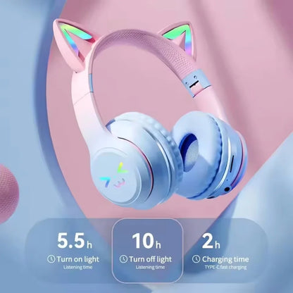 Gradient RGB Cat Ear Wireless Bluetooth Headphones – Cute Stereo Music Gaming Headset with Microphone for Girls & Kids, Fun Gift for Children