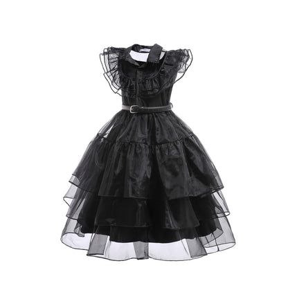 Girls’ Wednesday Addams Cosplay Costume Dress – Gothic Mesh Party Dress for Kids, Halloween Carnival Dress-Up Outfit, Ages 4–12