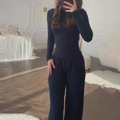 Ensemble deux pièces pour femme, comprenant un haut à col rond et manches longues et un pantalon taille élastique, décontracté pour l'automne