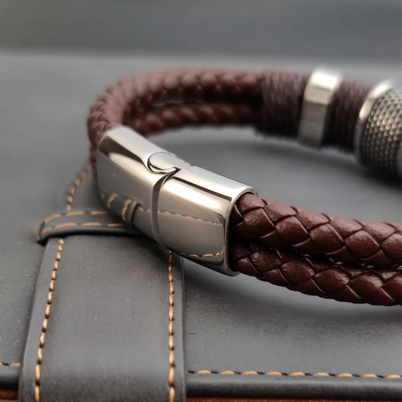 Luxury Vintage Leather Bracelet for Men – Multi-Layer Brown Leather & Stainless Steel Bead Wrist Bangle | Fashion Jewelry Gift