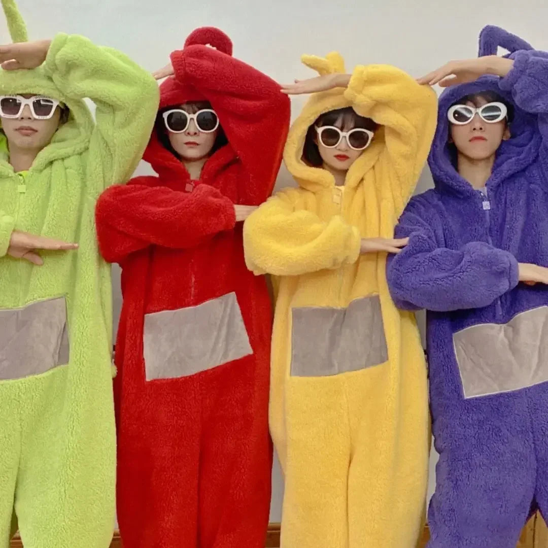 Teletubbies Inspired Adult Cosplay Pajamas – Tinky Winky / Laa-Laa / Po Soft Long Sleeve Onesie Costume (4 Colors)
