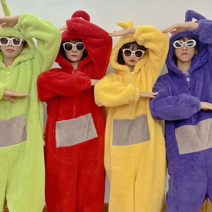 Teletubbies Inspired Adult Cosplay Pajamas – Tinky Winky / Laa-Laa / Po Soft Long Sleeve Onesie Costume (4 Colors)